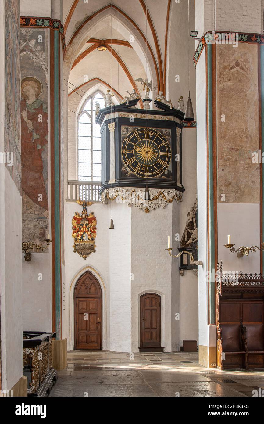 The new astronomical clock located in the left aisle of the church of San Jakobi in Lübeck. Simplified copy of the original. Luebeck, Germany, Europe Stock Photo