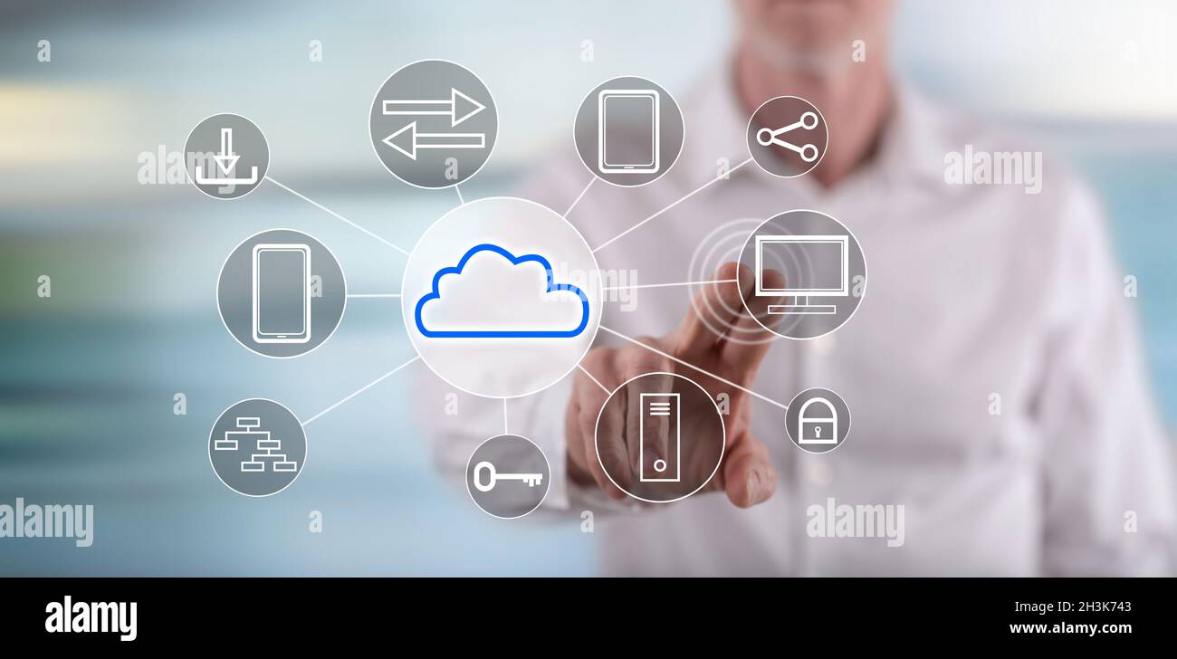 Man touching a cloud computing concept on a touch screen with his ...