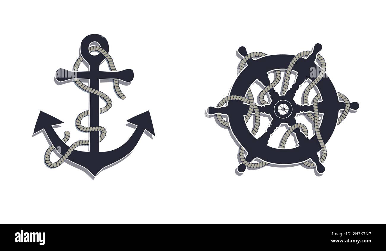 Marine design, nautical icons anchor and rudder with ropes raster Stock ...