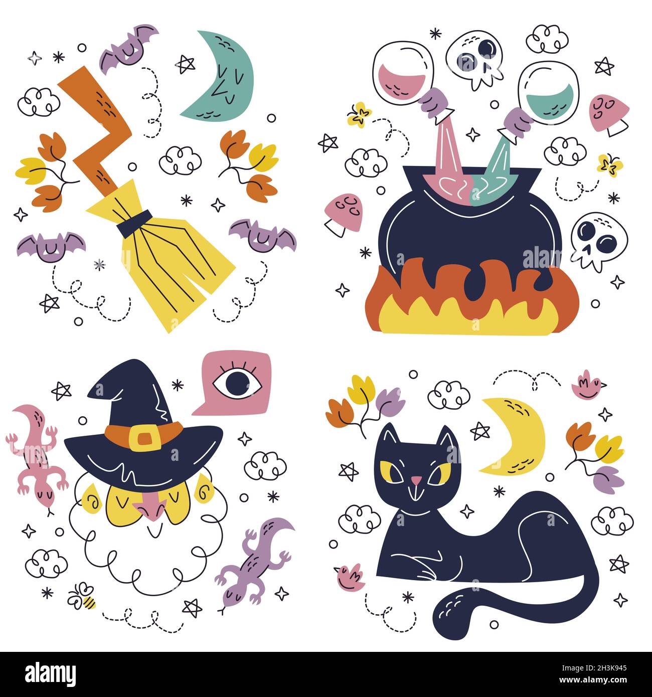 doodle hand drawn halloween sticker set vector design illustration Stock Vector