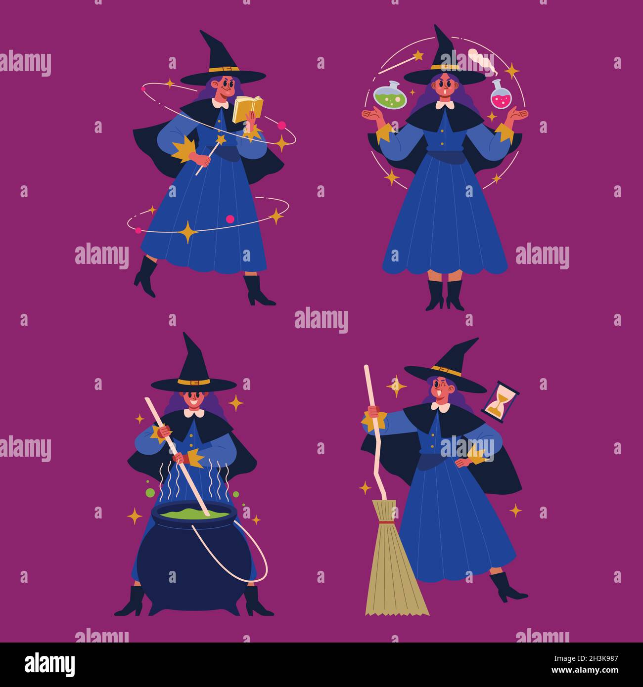 hand drawn flat halloween witches collection vector design illustration
