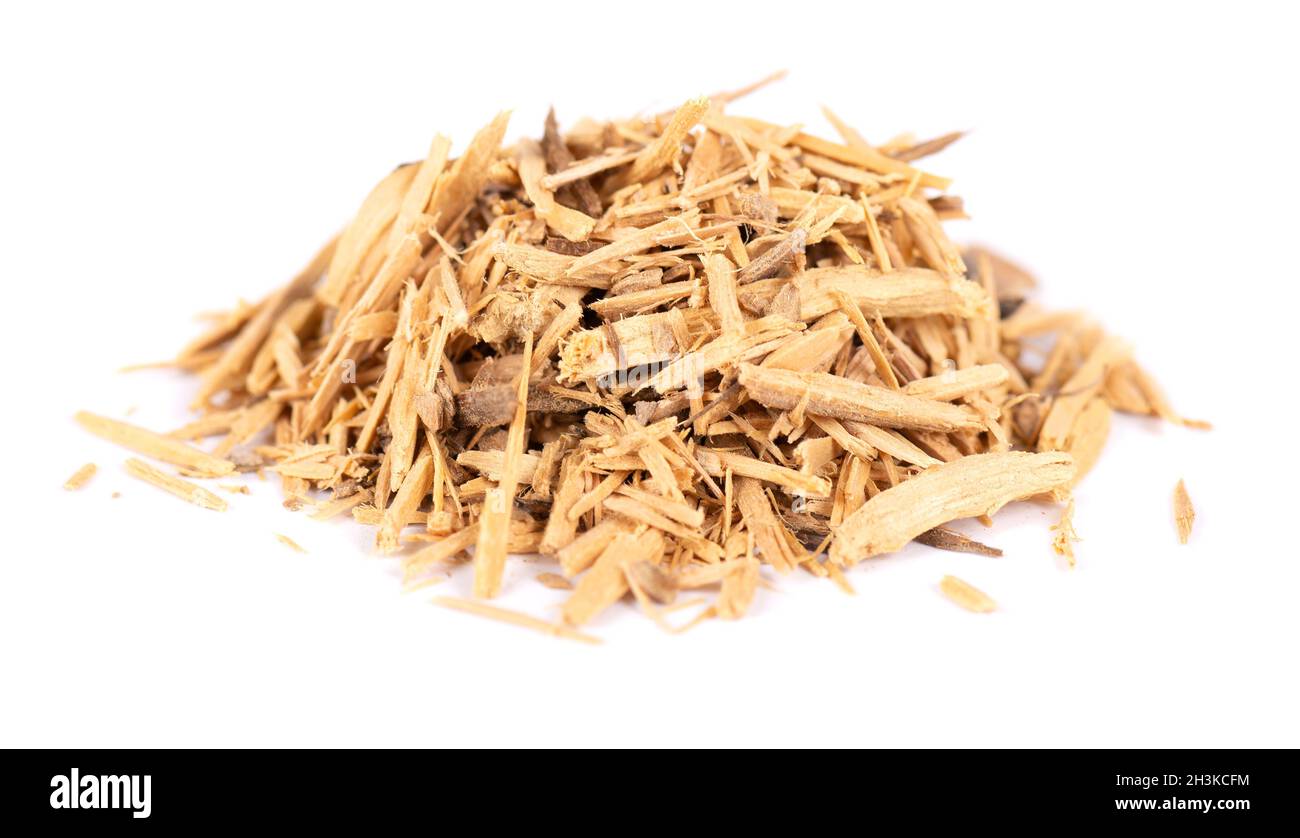Muira Puama herbal tea, isolated on white background. Natural potency wood, medicinal plant, dry