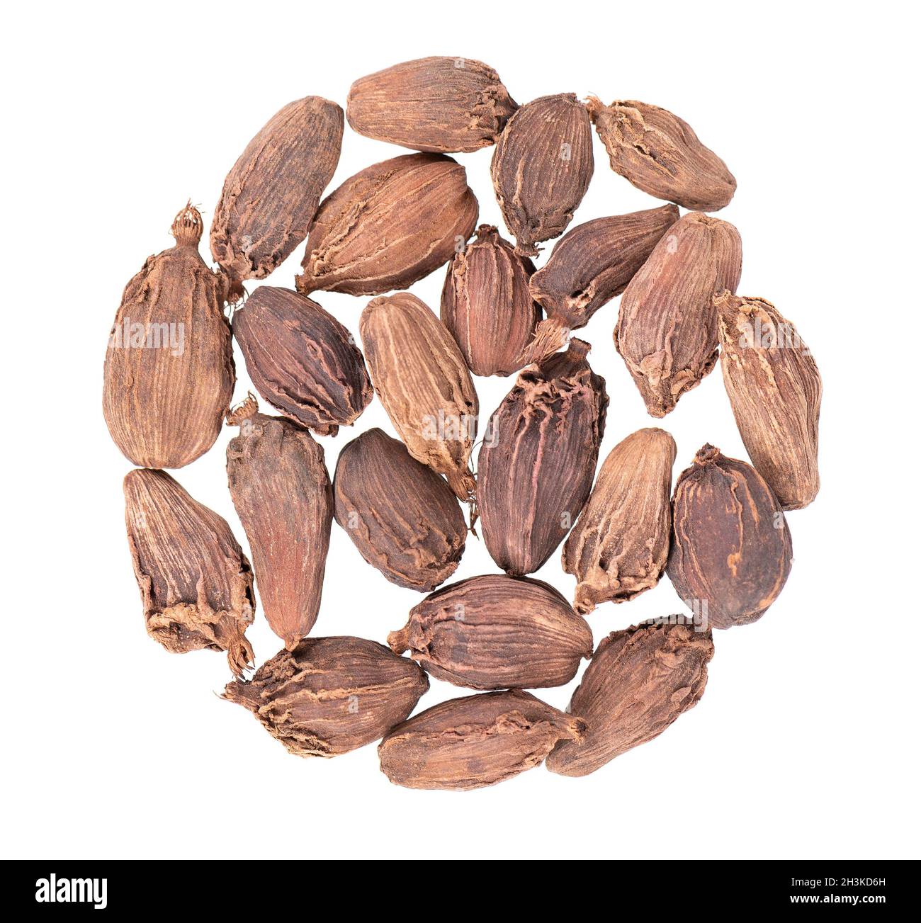 Heap of black cardamom pods isolated on white background. Black