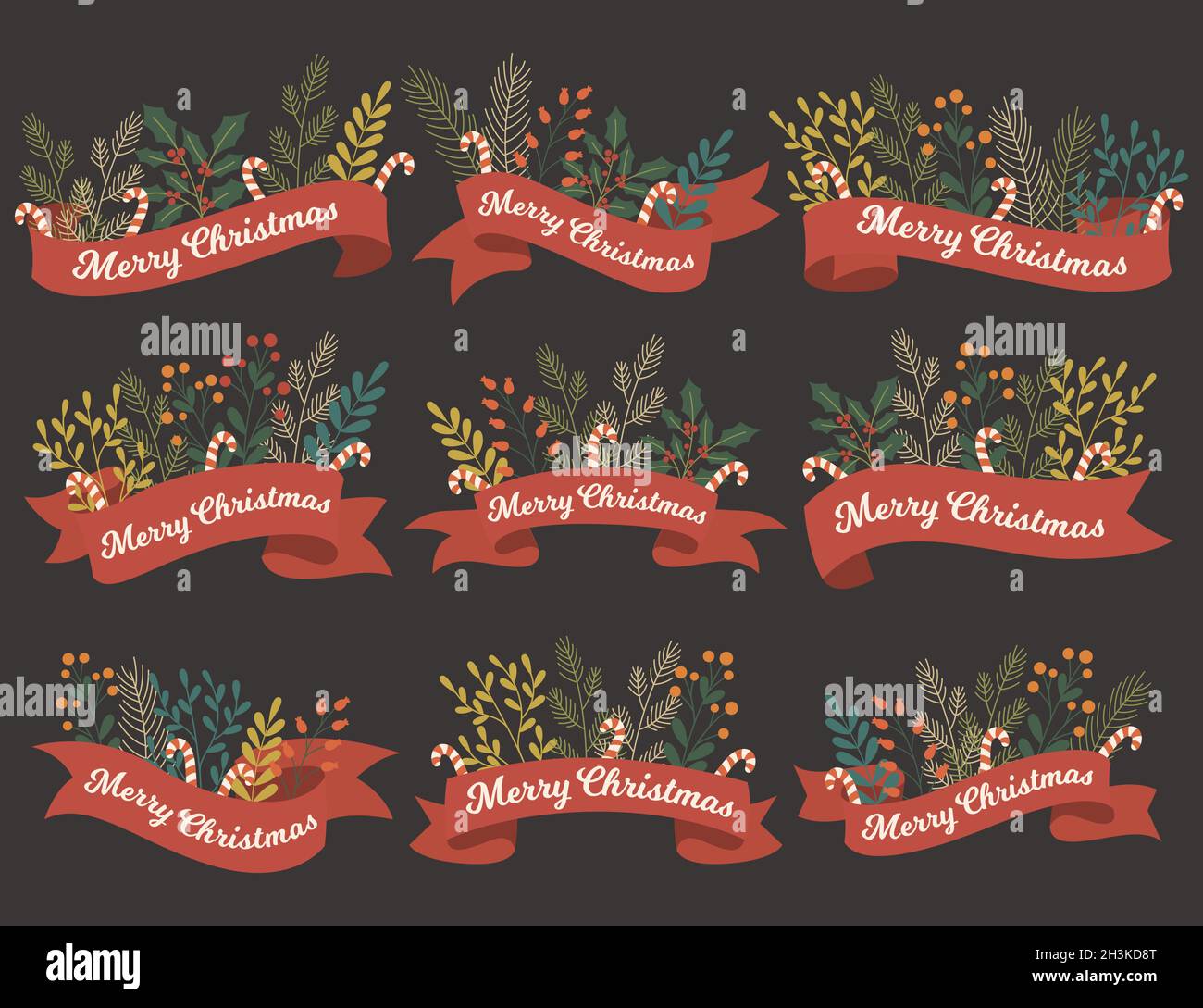 Set of nine Christmas floral foliage red ribbons greetings Stock Vector ...