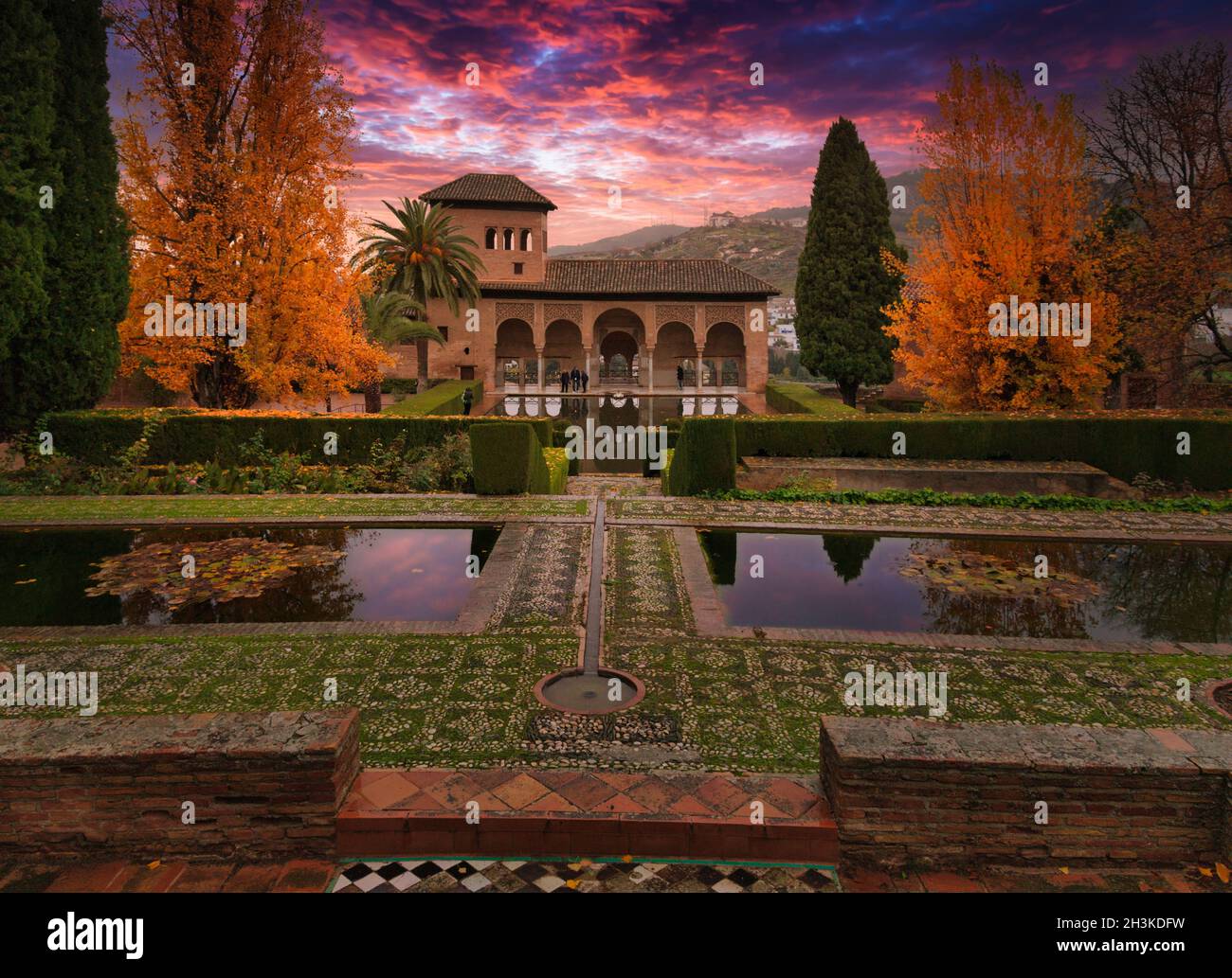 Gardens of the El Partal Palace in the Alhambra in Granada Stock Photo
