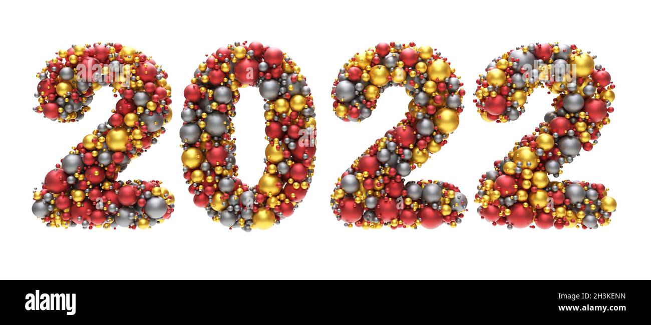 2022 greeting card with numbers made of spheres - 3D rendering Stock Photo