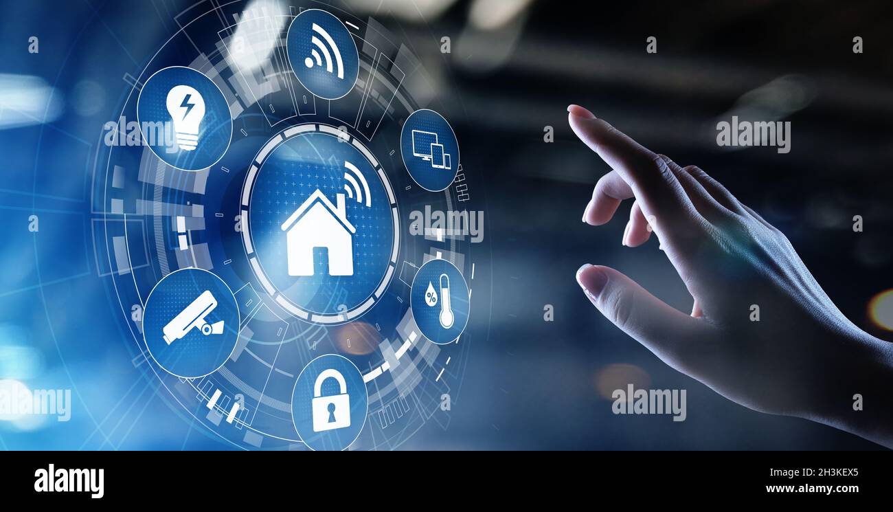 Smart home control panel on virtual screen. IOT and Automation technology concept. Stock Photo