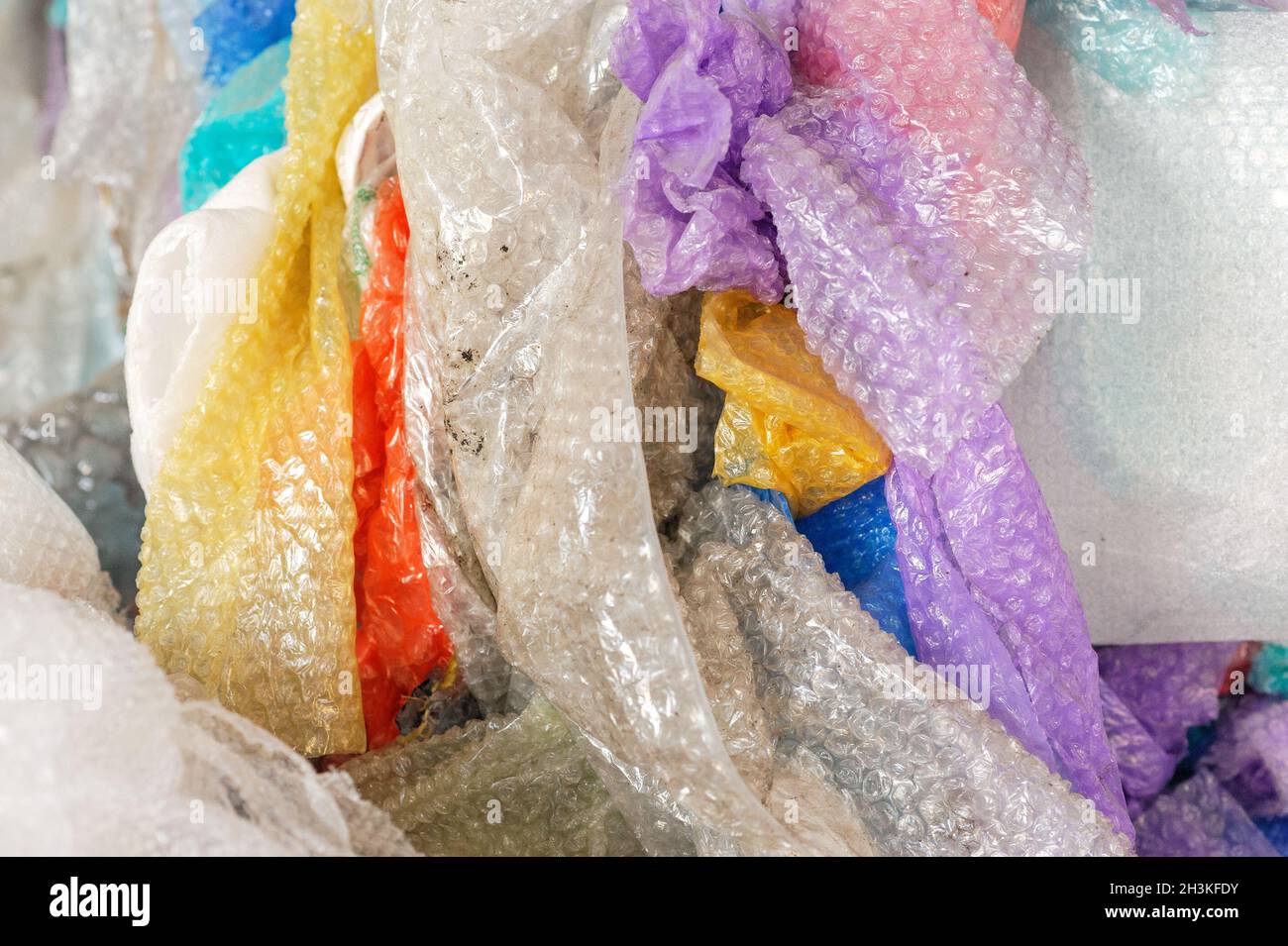 Used bubble wraps at the recycling factory. Closeup Stock Photo Alamy