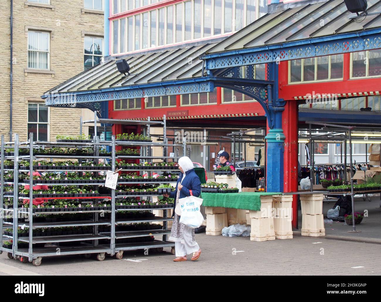 Women shopping for garden plants on a stall in huddersfield market in west yorkshire Stock Photo