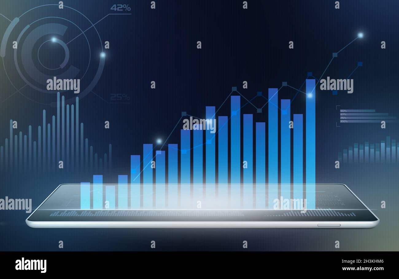 Blue financial  charts projected from a digital tablet Stock Photo