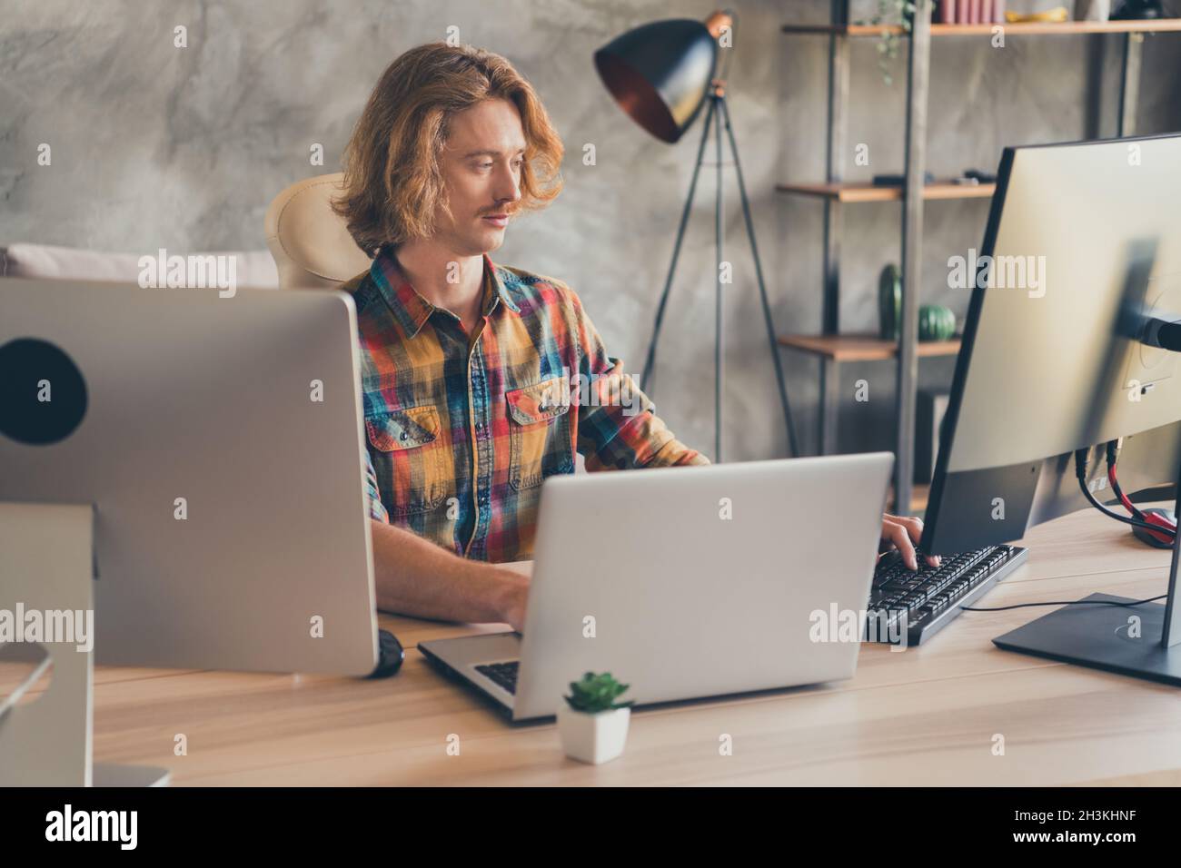 Profile side photo of young guy programmer typing work online office ...