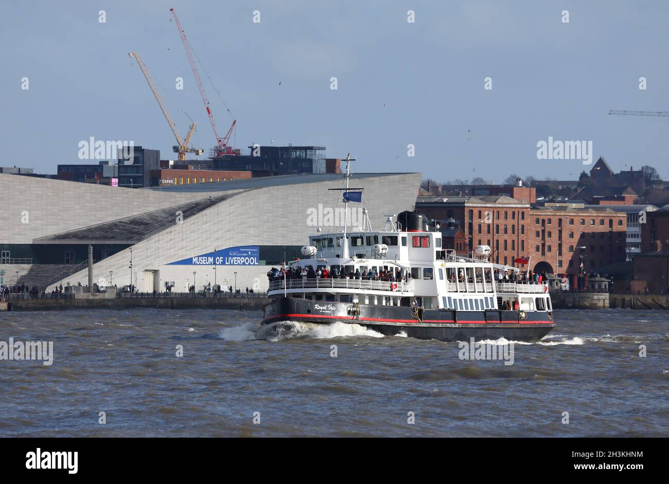 River Mersey ferry boat and passengers, Liverpool, UK, March, 2020. Stock Photo
