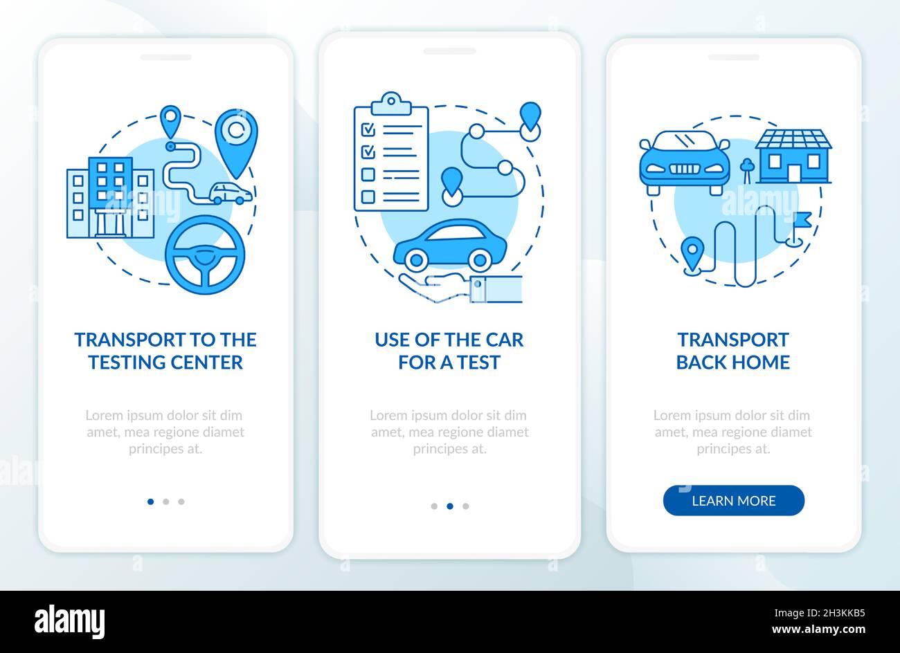 Road test services blue onboarding mobile app page screen Stock Vector
