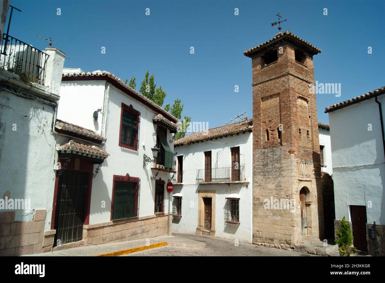 Spain, Ronda. Ancient Moorish minaret  The Alminar de San Sebastian  Landscape view shot Stock Photo