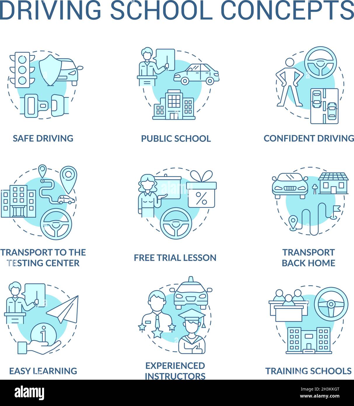 Driving school blue concept icons set Stock Vector