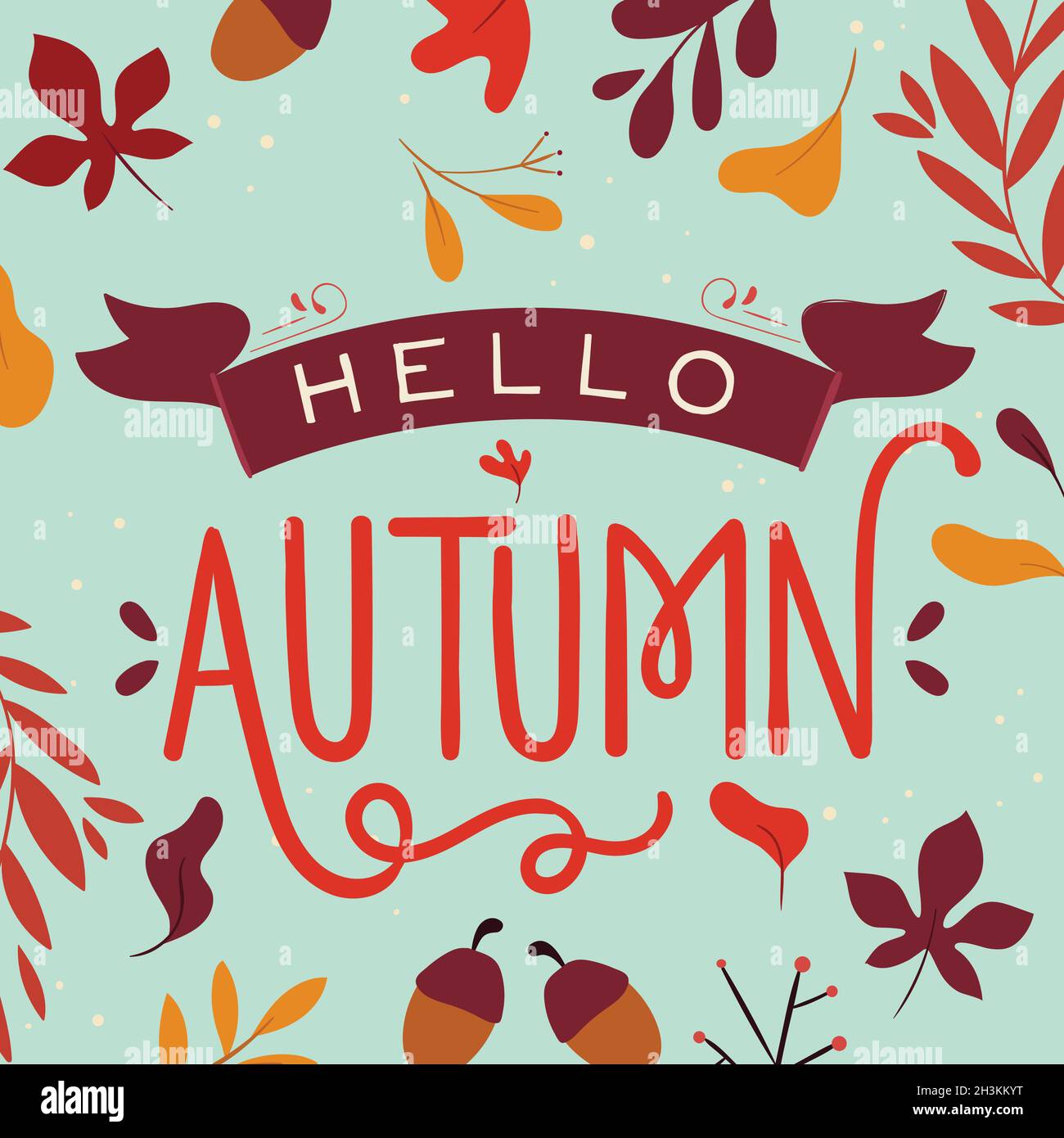 hello autumn lettering background with leaves vector design ...