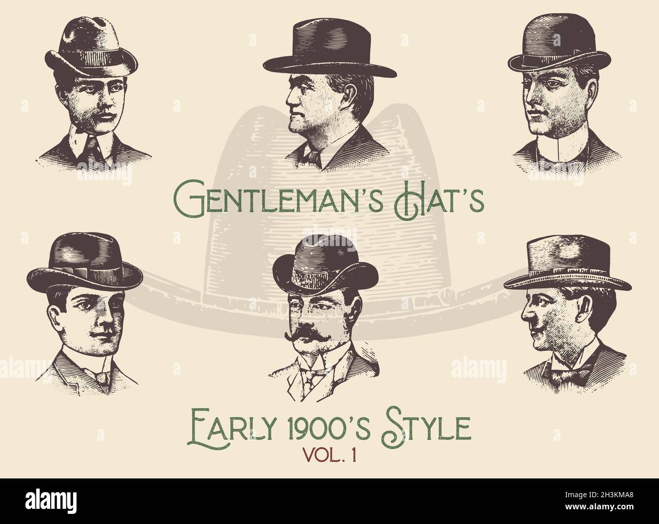 Gentleman's hats 1900's style, vintage engraving vector. Revival retro. Taken from a vintage 1902 catalogue. Stock Vector