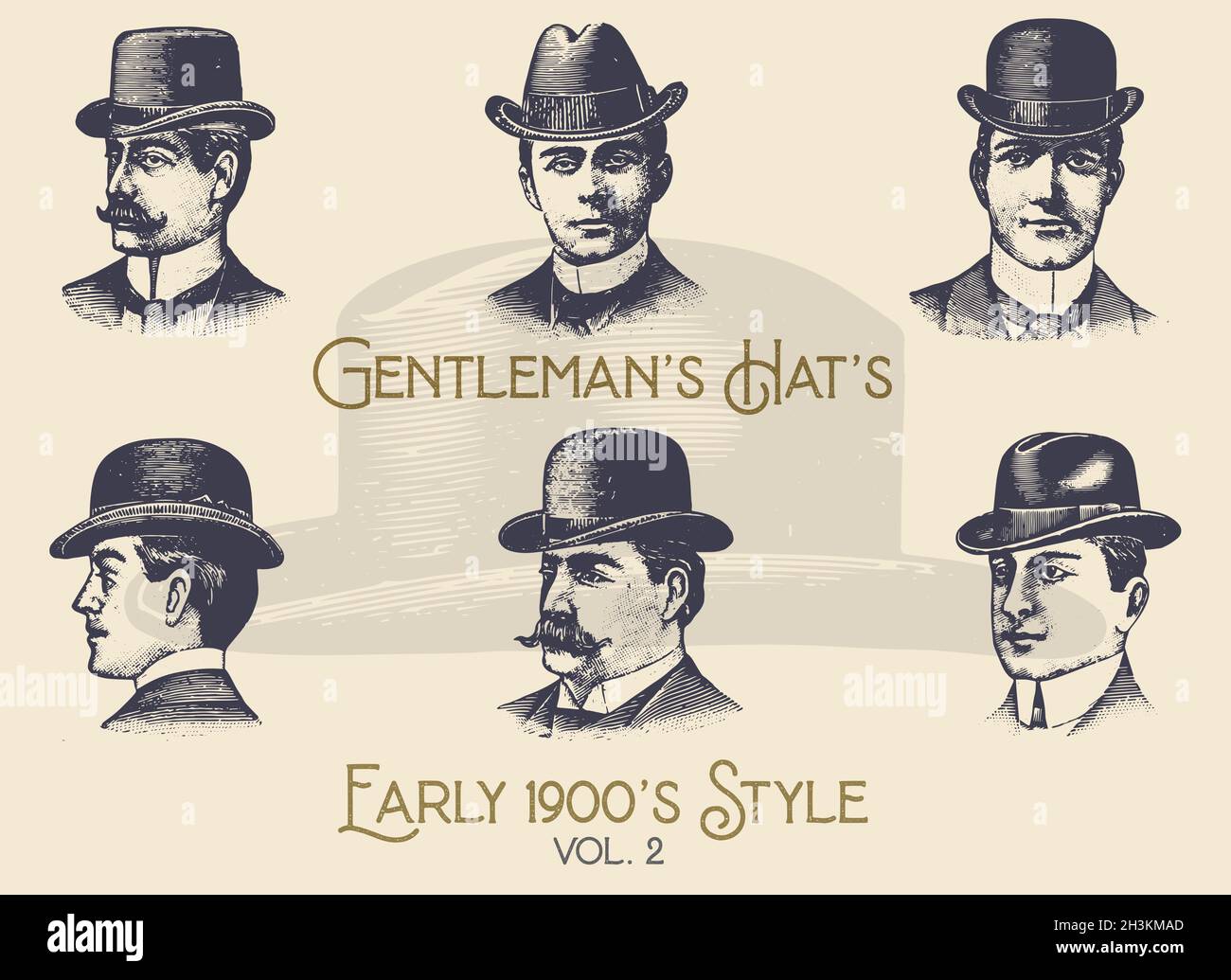 Gentleman's hats 1900's style, vintage engraving vector. Revival retro. Taken from a vintage 1902 catalogue. Stock Vector