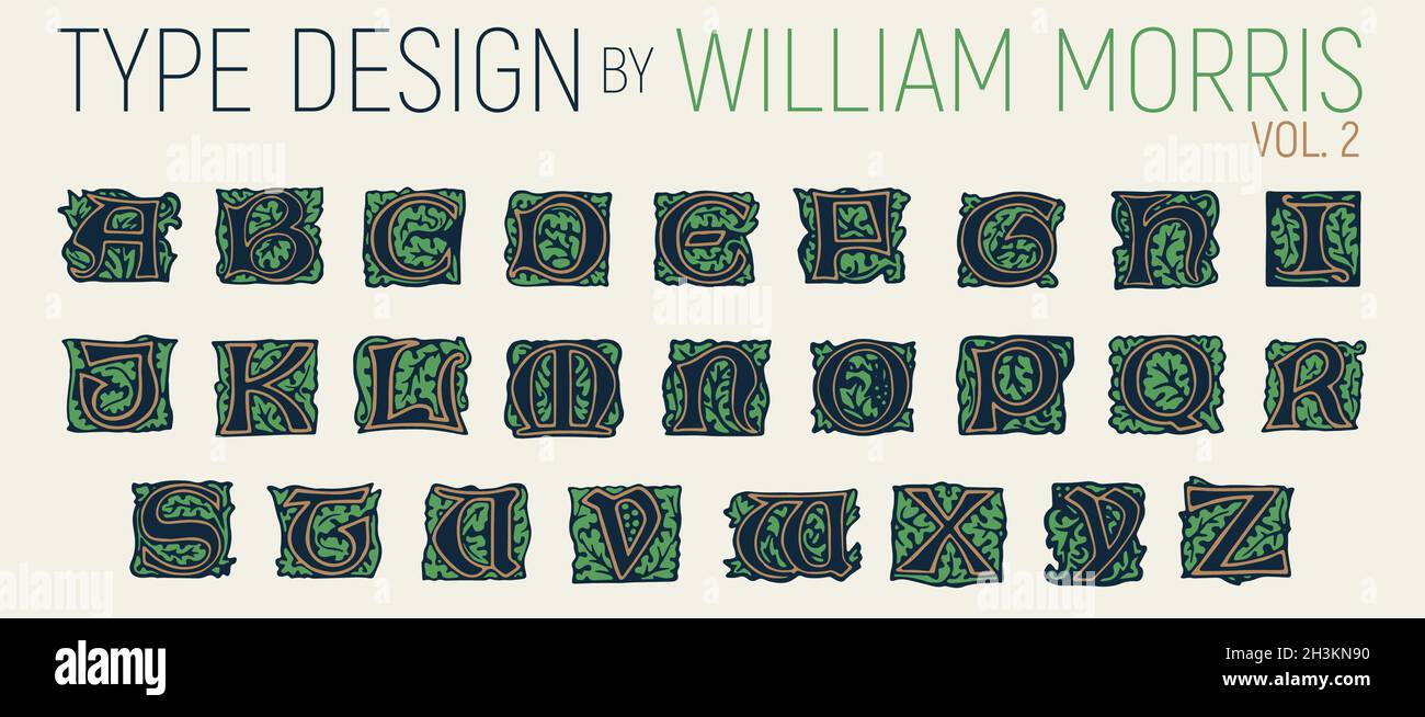 William Morris typography, initials with foliage. Type design with branches, foliage and flowers. Capital letters from Arts & Craft movement. 1890 Stock Vector