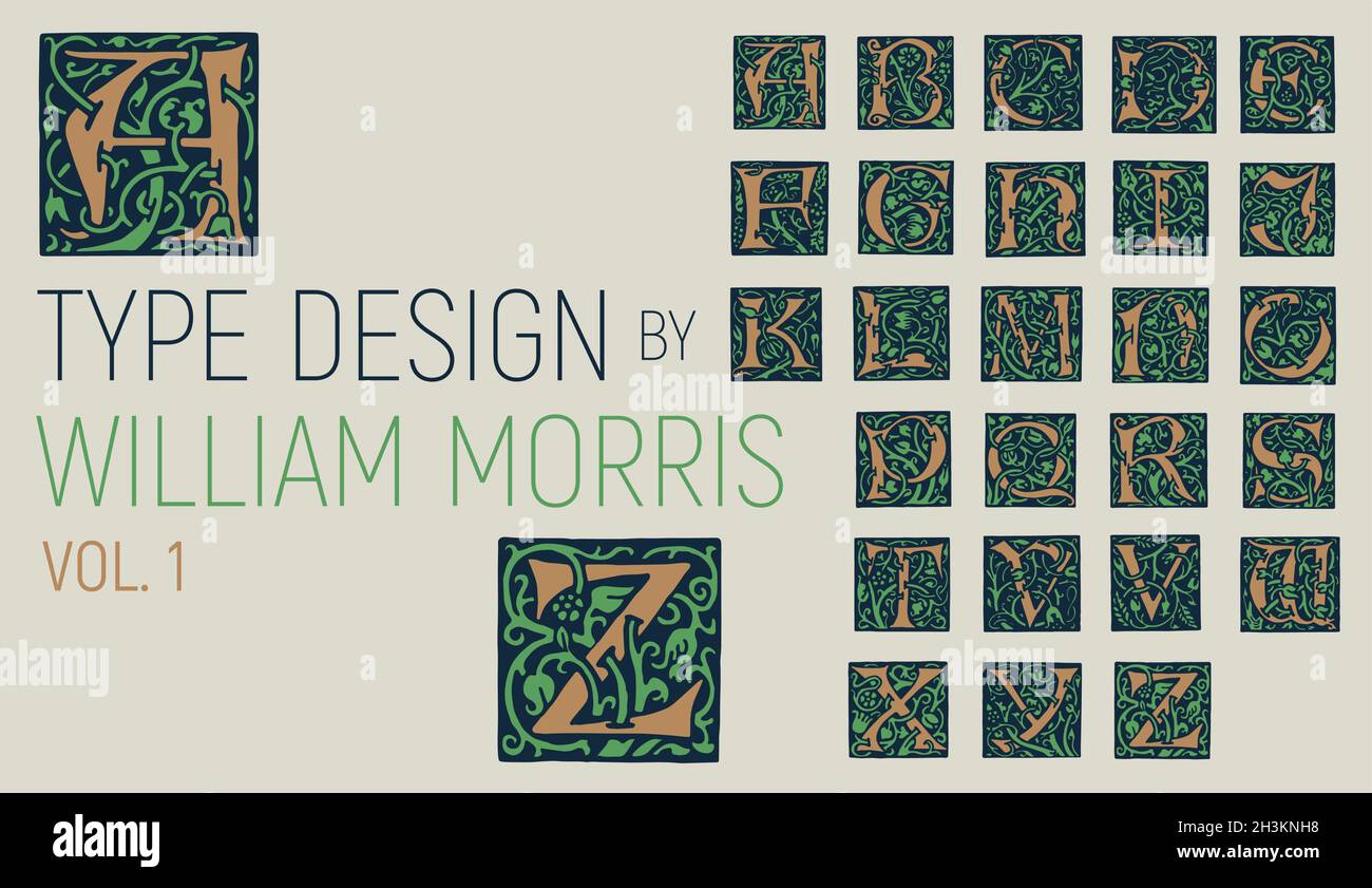 William Morris typography, initials with foliage. Type design with branches, foliage and flowers. Capital letters from Arts & Craft movement, 1890. Stock Vector