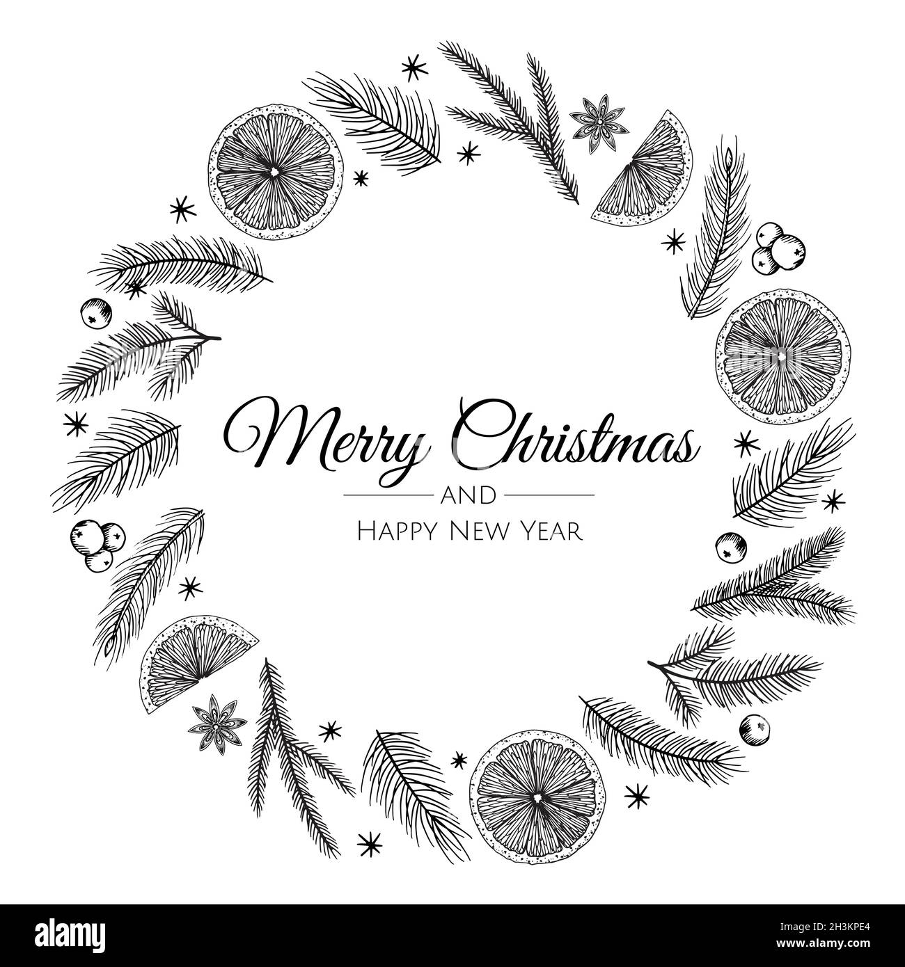Merry Christmas and New Year Card with Pine Wreath, Mistletoe, Winter plants design illustration for greetings, invitation, flyer, brochure. Stock Vector