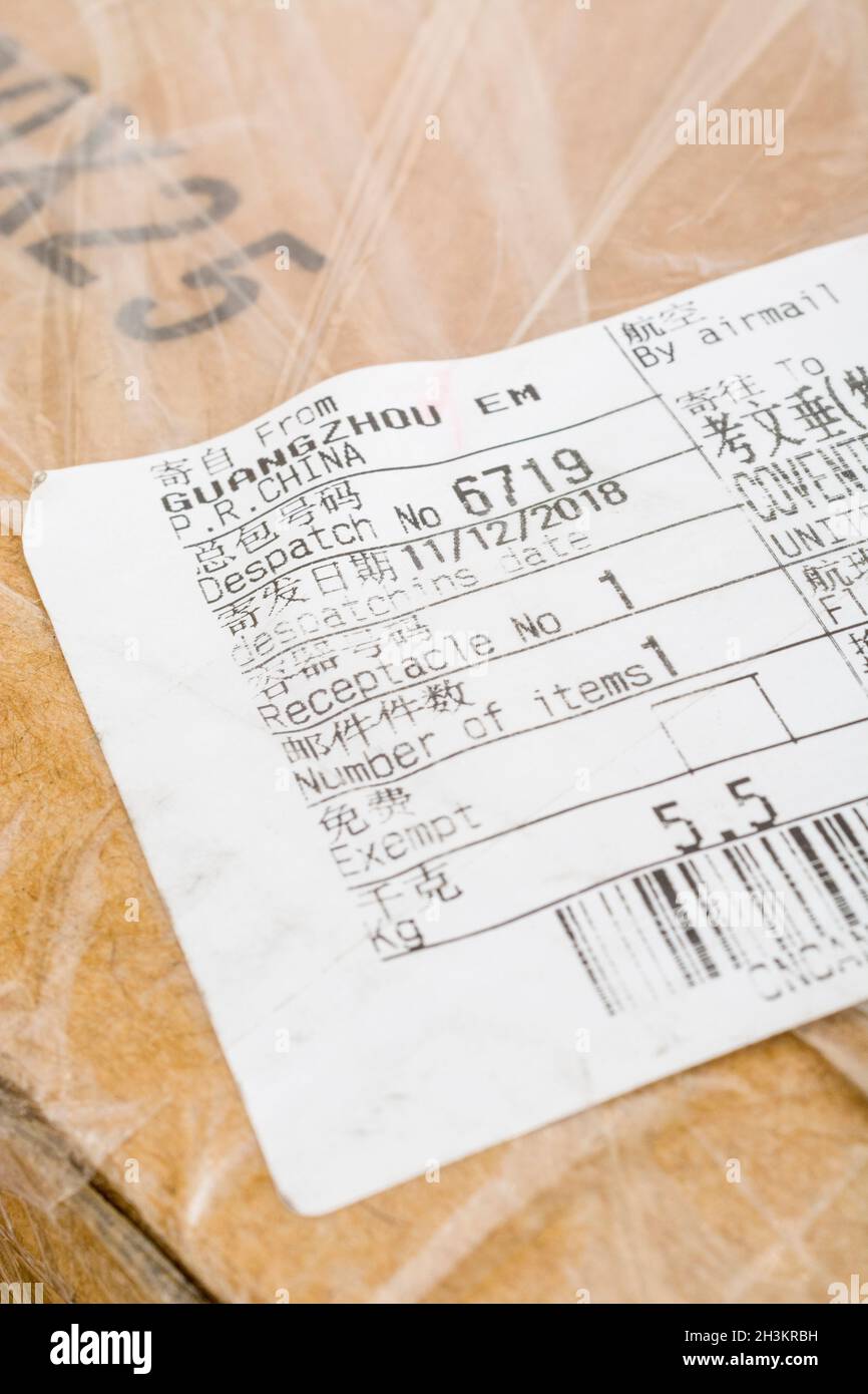 Chinese shipping label (to Coventry UK). For Chinese export &