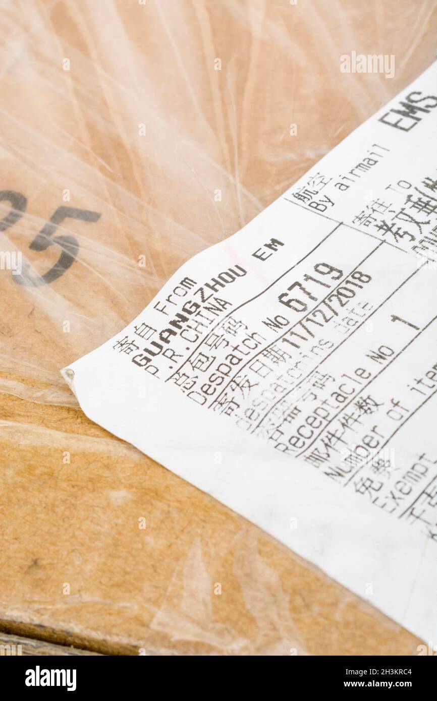 Chinese export shipping label (to Coventry UK) on packaging. For