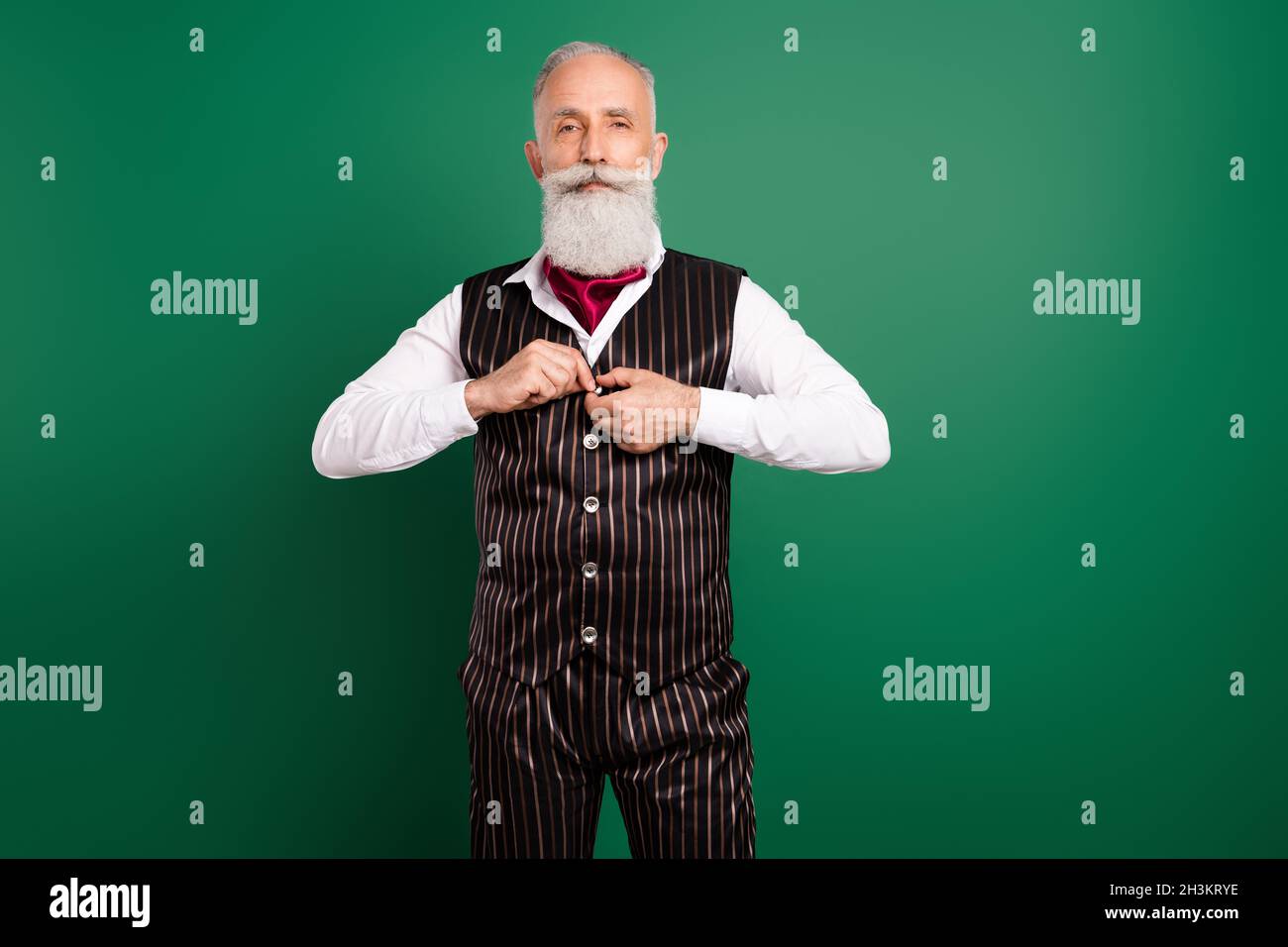 Photo of successful rich playboy dress himself luxury outfit wear striped waistcoat on green color background Stock Photo