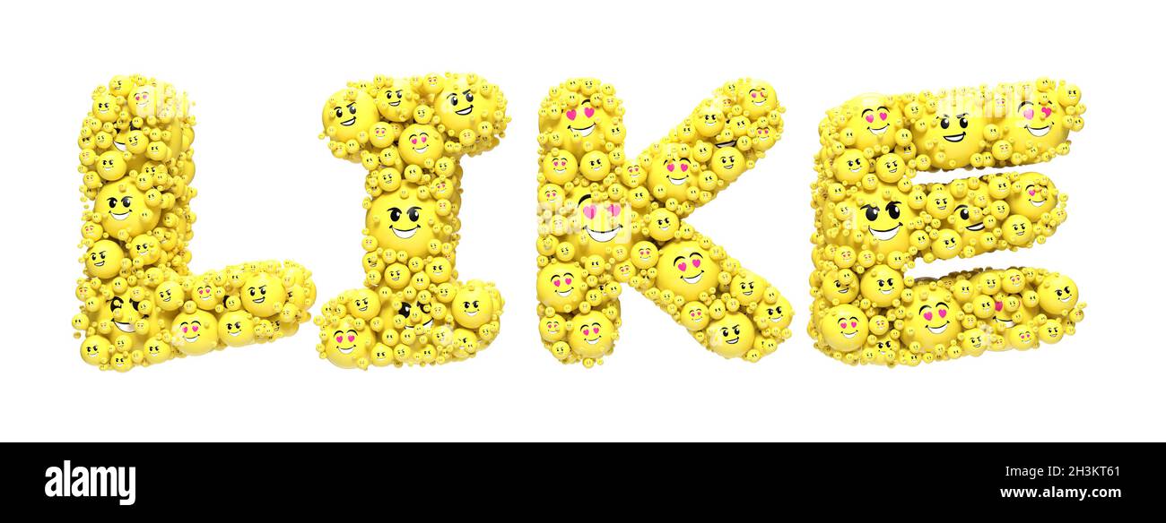 word like written with happy emoticons on white background - 3D Rendering Stock Photo