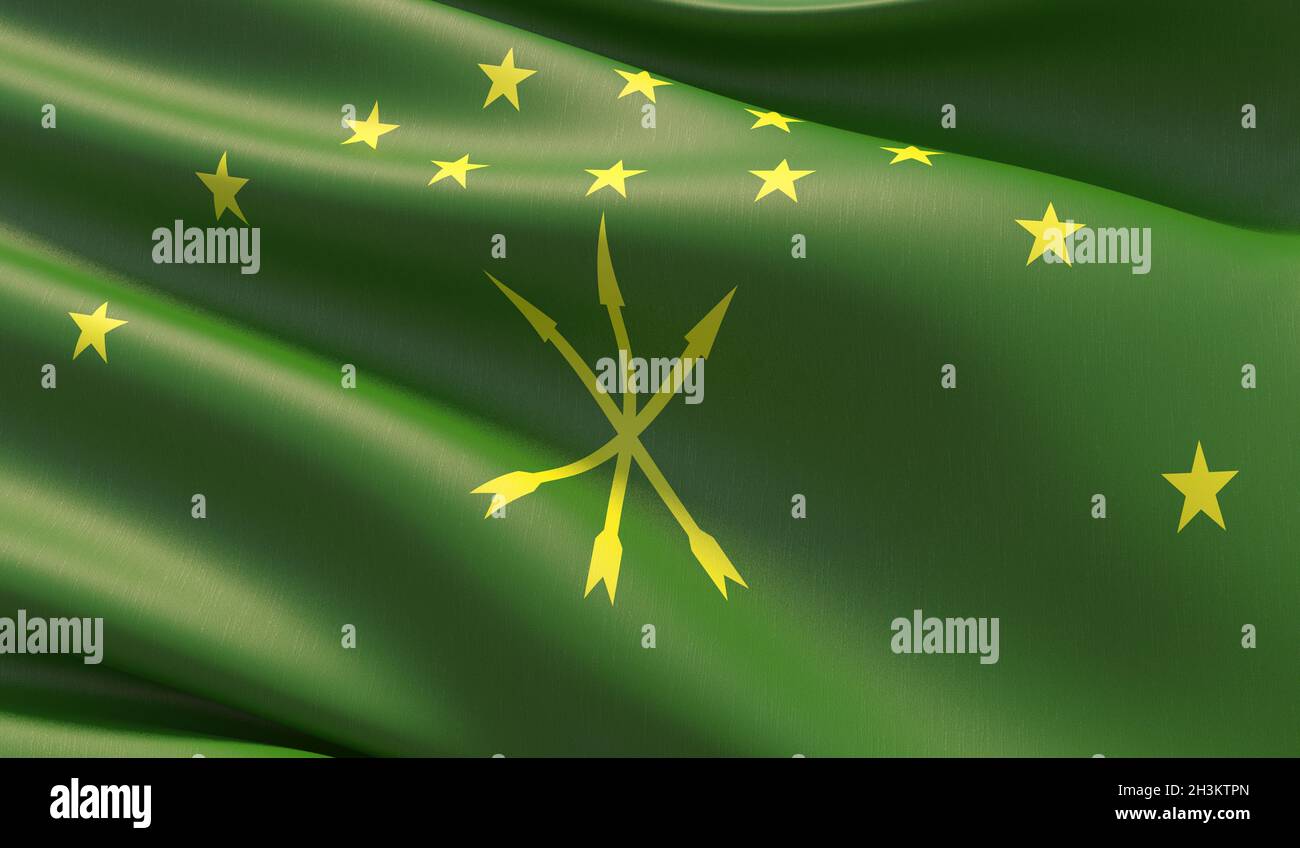 The flag of the Republic of Adygea, a federal subject of Russia. High resolution close-up 3D illustration. Stock Photo