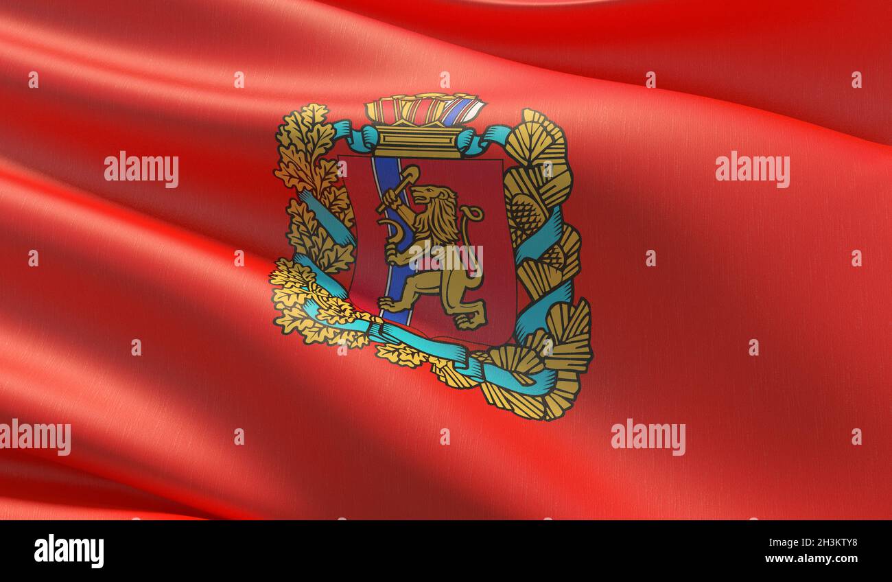 The flag of Krasnoyarsk Krai. High resolution close-up 3D illustration. Flags of the federal subjects of Russia. Stock Photo