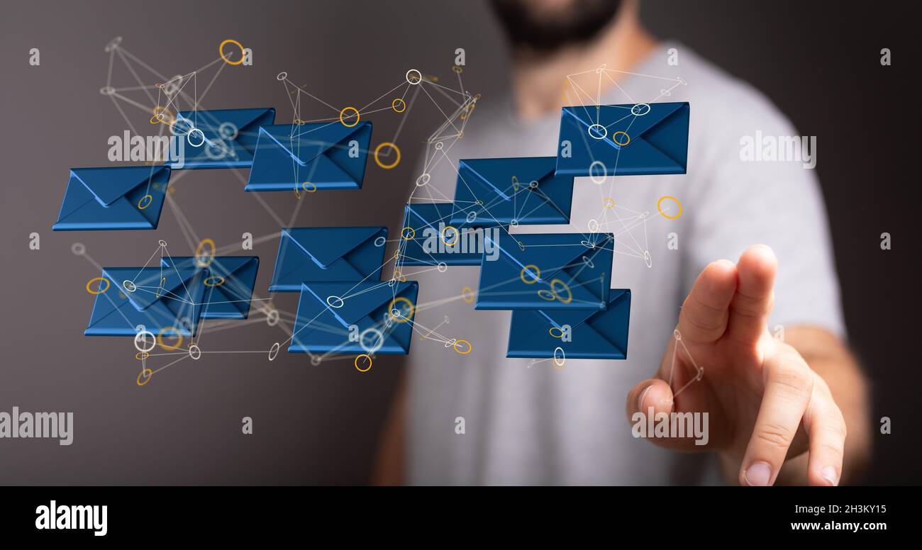 3D rendering of a man pointing at floating email icons - Concept of ...