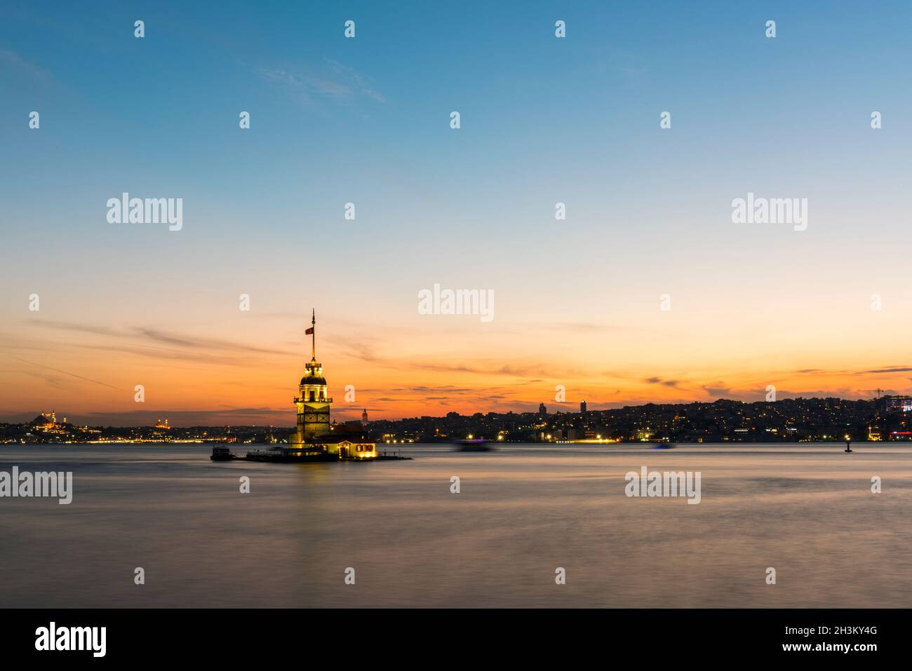Romantic Istanbul Sunset Landscape. Istanbul Bosphorus and Maiden’s
