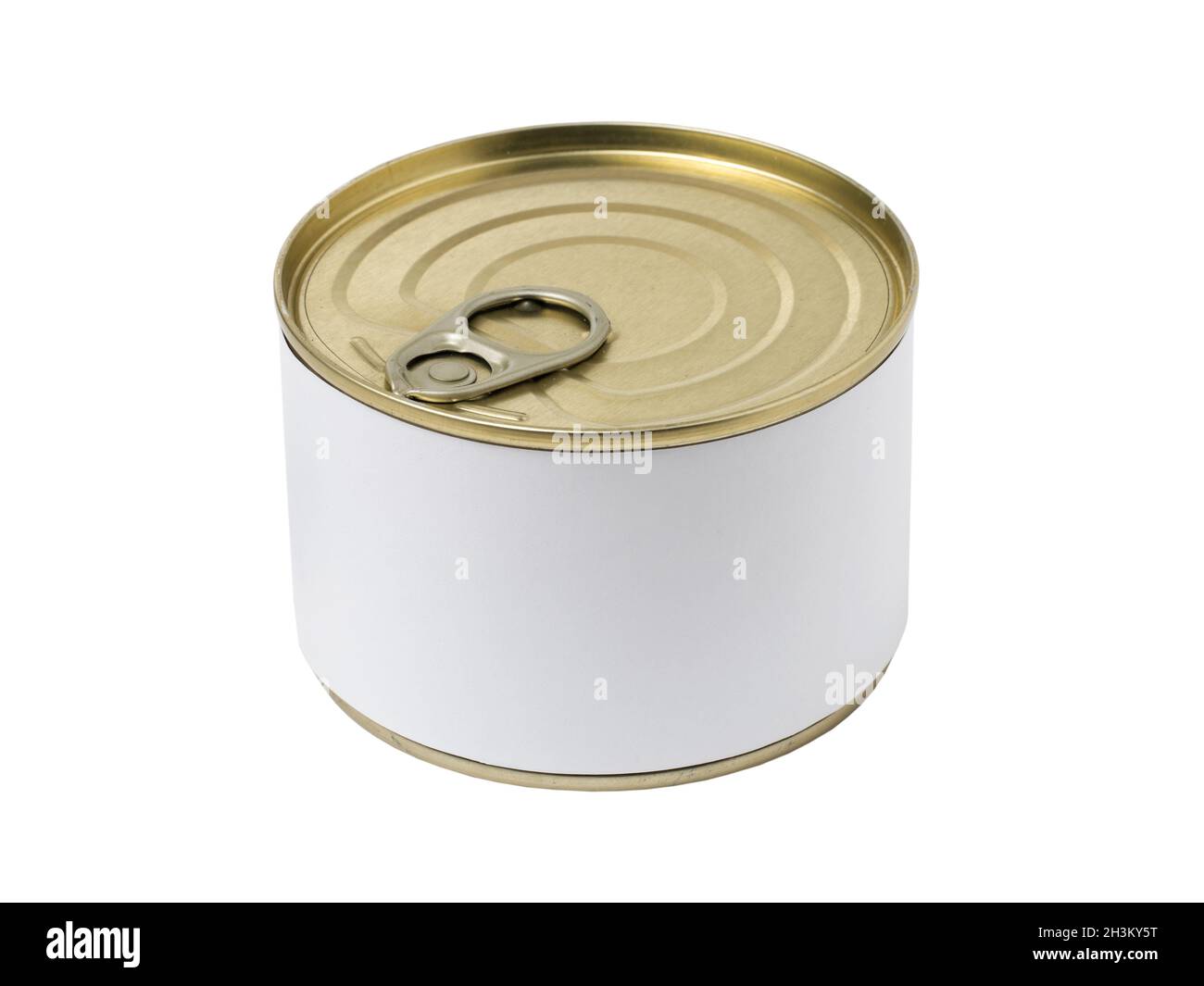 Tin can with blank label and with key on the cap, isolated on white background. Stock Photo