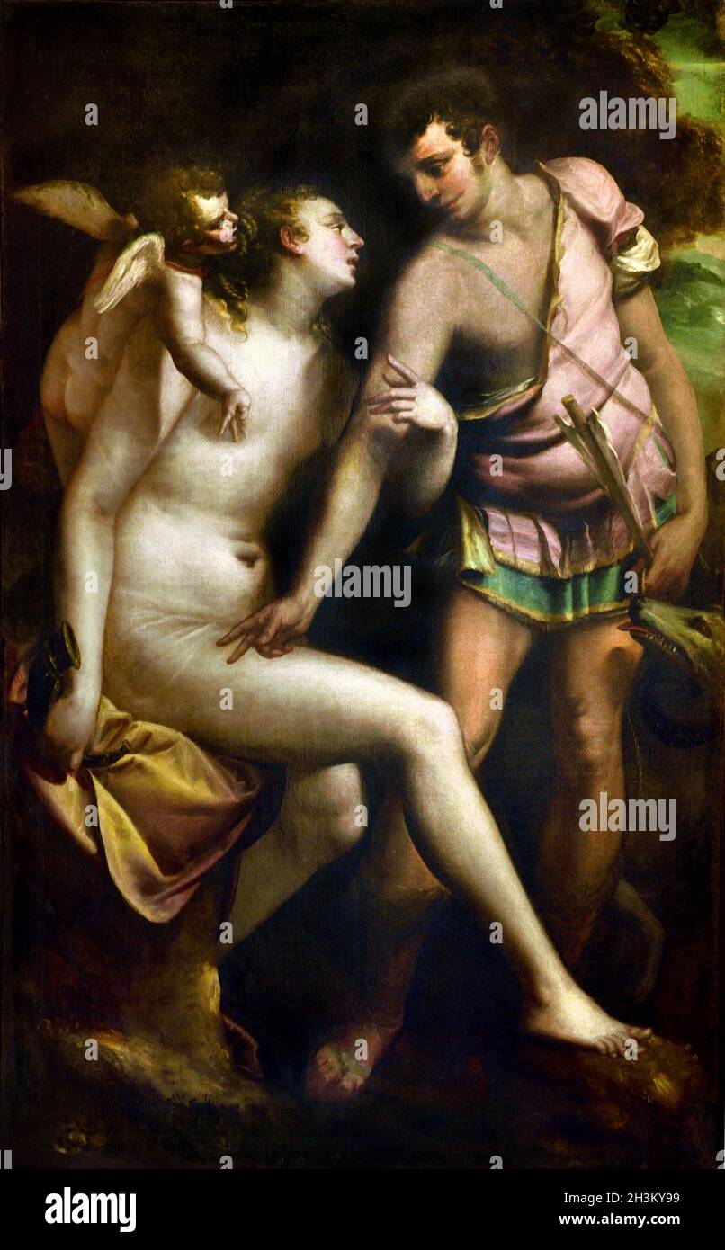 Venus and Adonis  by Luca Cambiaso 1527-1585 Italy Italian Venus and Adonis narrative poem by William Shakespeare published in 1593.  The poem tells the story of Venus, the goddess of Love of her unrequited love and of her attempted seduction of Adonis, an extremely handsome young man, who would rather go hunting. Stock Photo