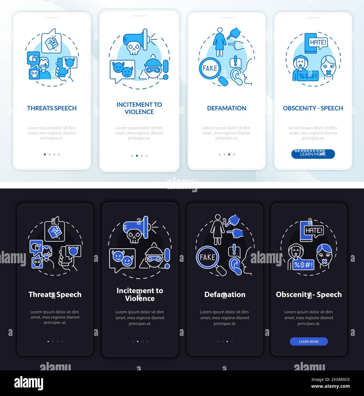 Unprotected speech types onboarding mobile app page screen Stock Vector