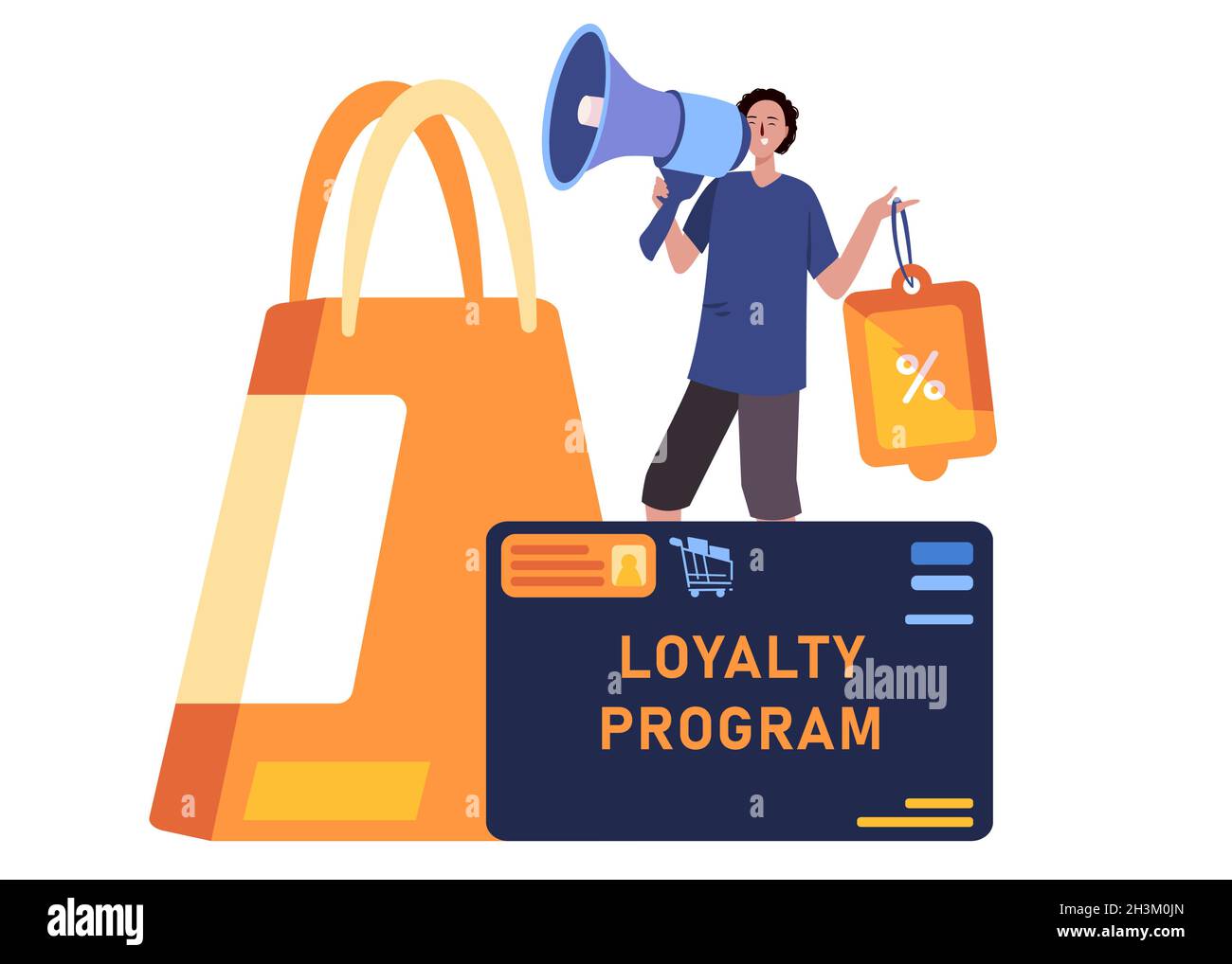 Man offer price discount, get member of benefit having loyalty program card cartoon flat color isolated background vector illustration Stock Vector