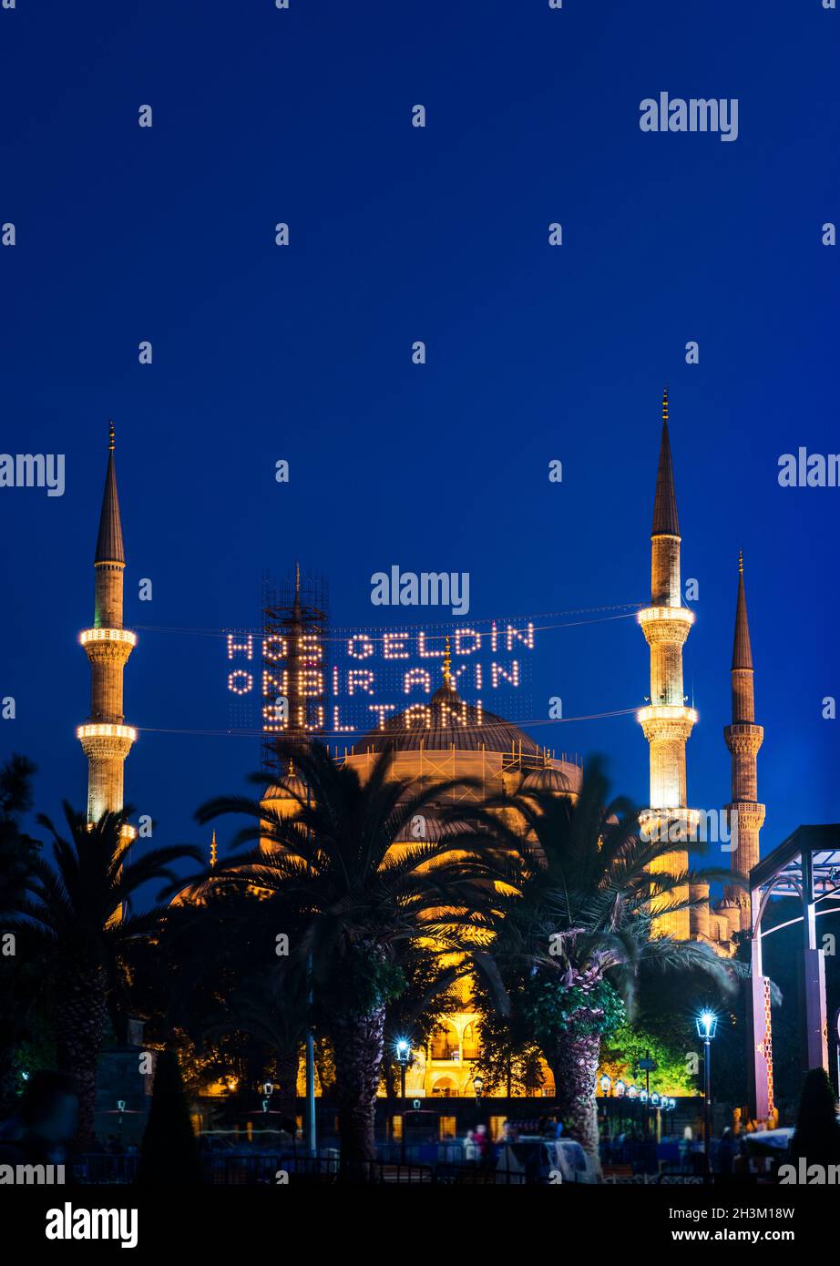 The Blue Mosque in Istanbul, Turkey. (Sultanahmet Camii). The Mosque is decorated with MAHYA specially for Ramadan. Writes to the mahya: 'The Sultan O Stock Photo