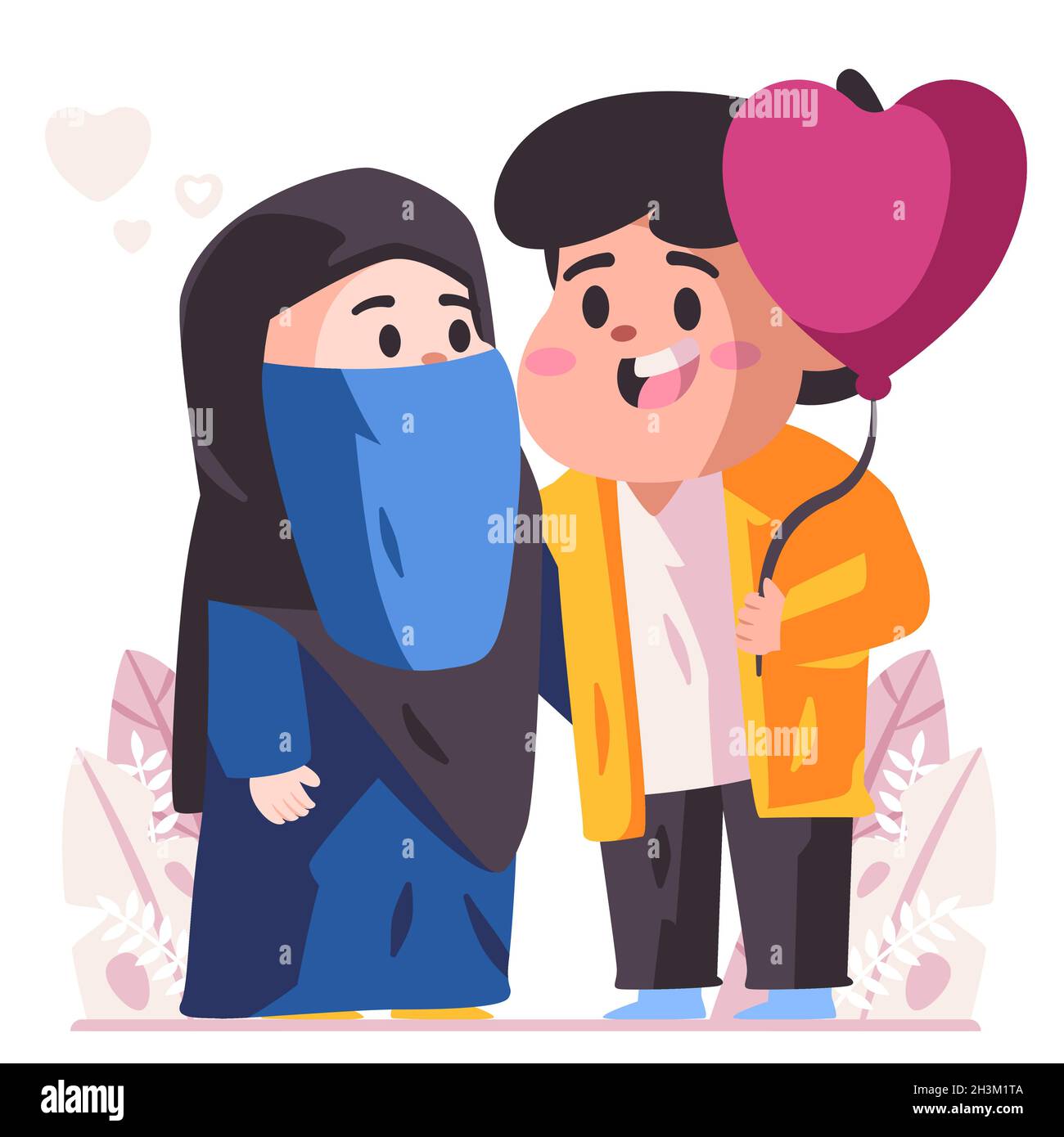 Romantic muslim couple happy love each other, husband are holding purple  balloon and her wife with blue dress scarf hijab cartoon flat color  isolated Stock Vector Image & Art - Alamy