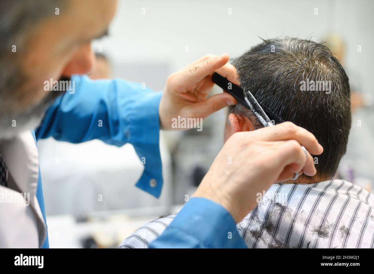 Barber trimming hair of old man at barber shop Stock Photo Alamy