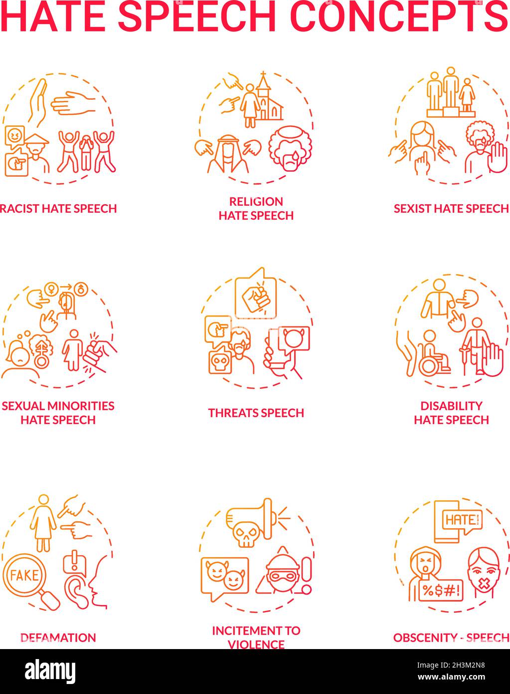 Hate speech red gradient concept icons set Stock Vector