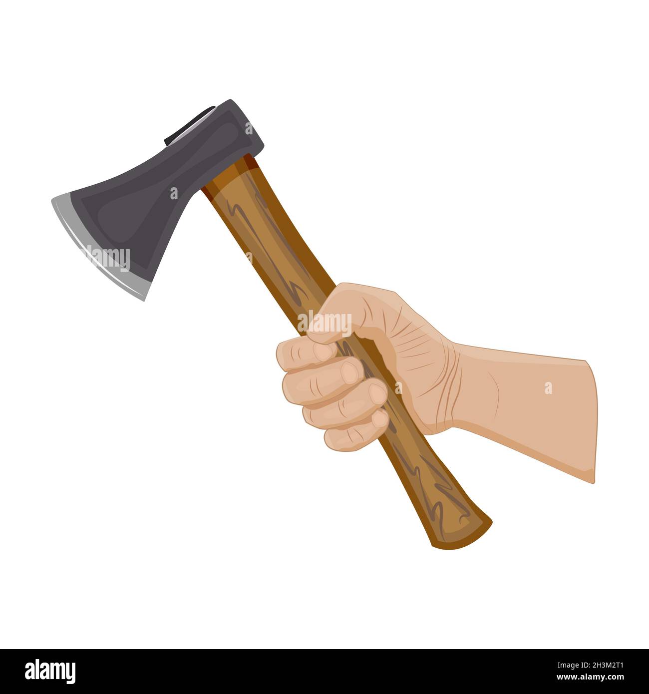 Hand holding axe isolated on white background. Woodcutter arm with ax. Lumberjack tool. Hatchet with wooden handle for wood work. Vector illustration Stock Vector