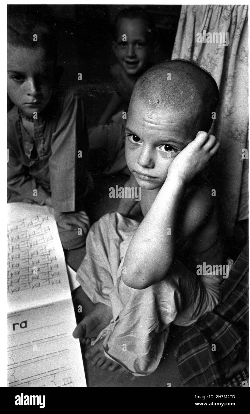Young Krishna student in private 3rd grade school in Dallas, Texas,  with clipped hair in 1975 Stock Photo