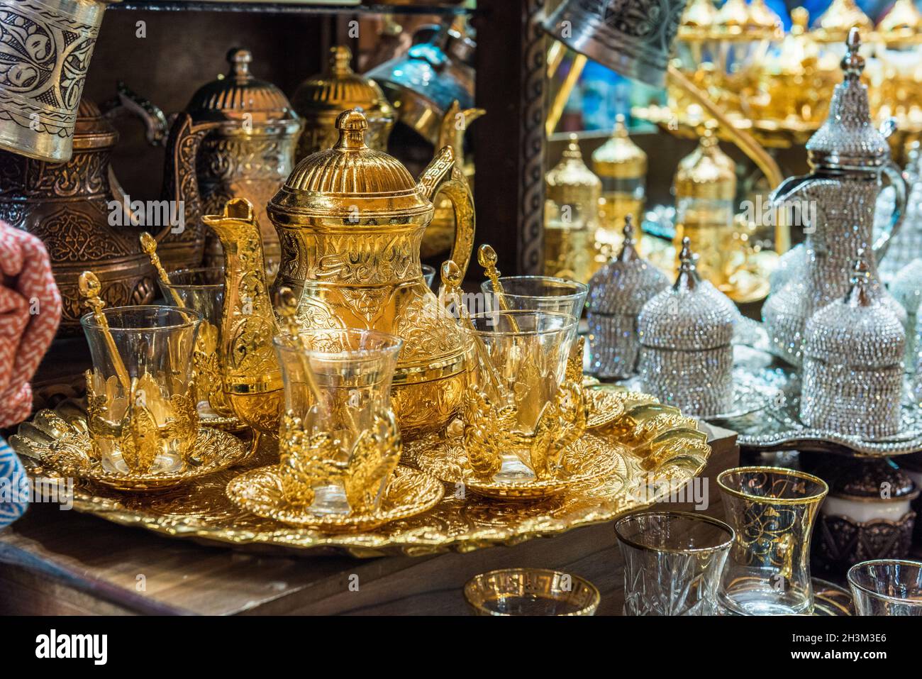 Traditional tea sets at Grand Bazaar in Istanbul, Turkey. Golden color