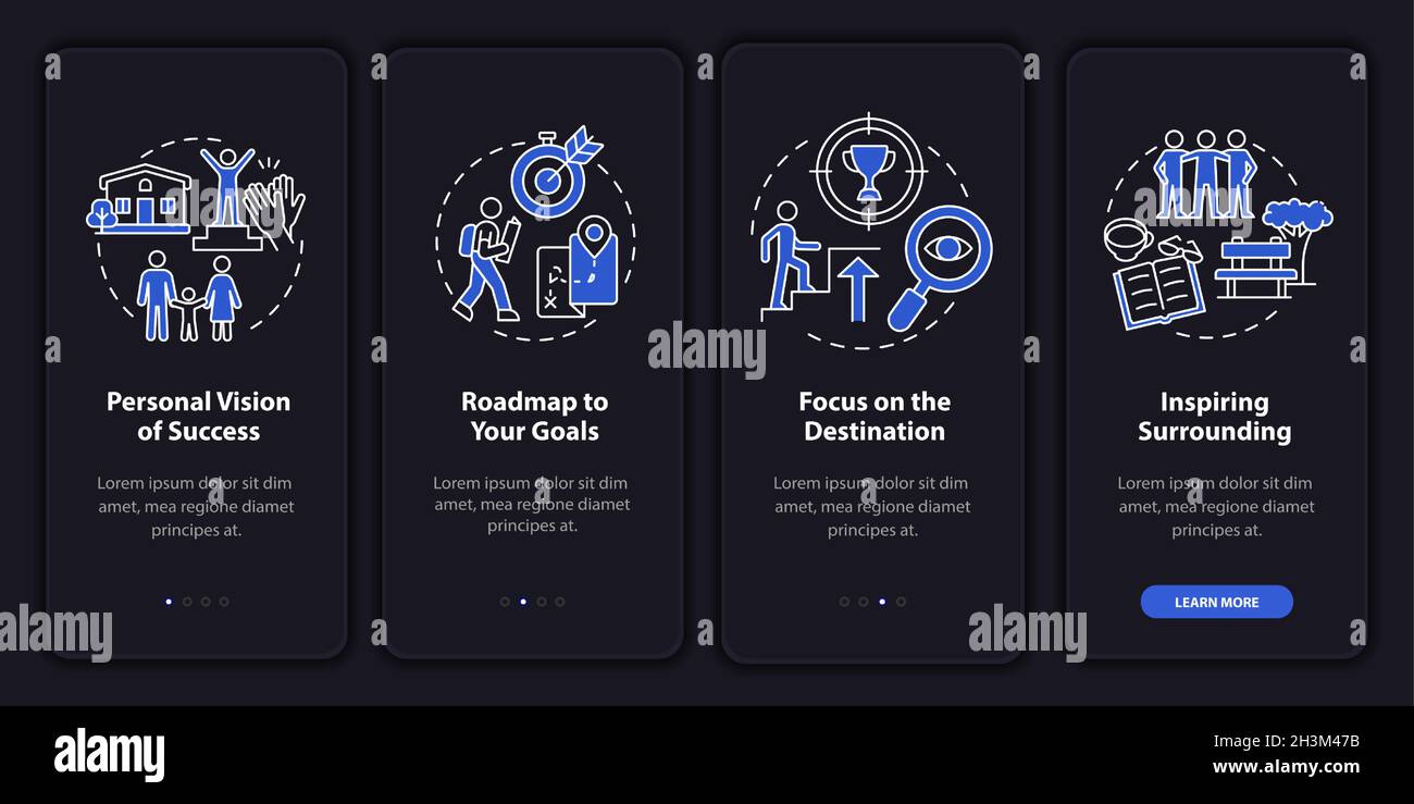 Happiness mindset components dark onboarding mobile app page screen Stock Vector