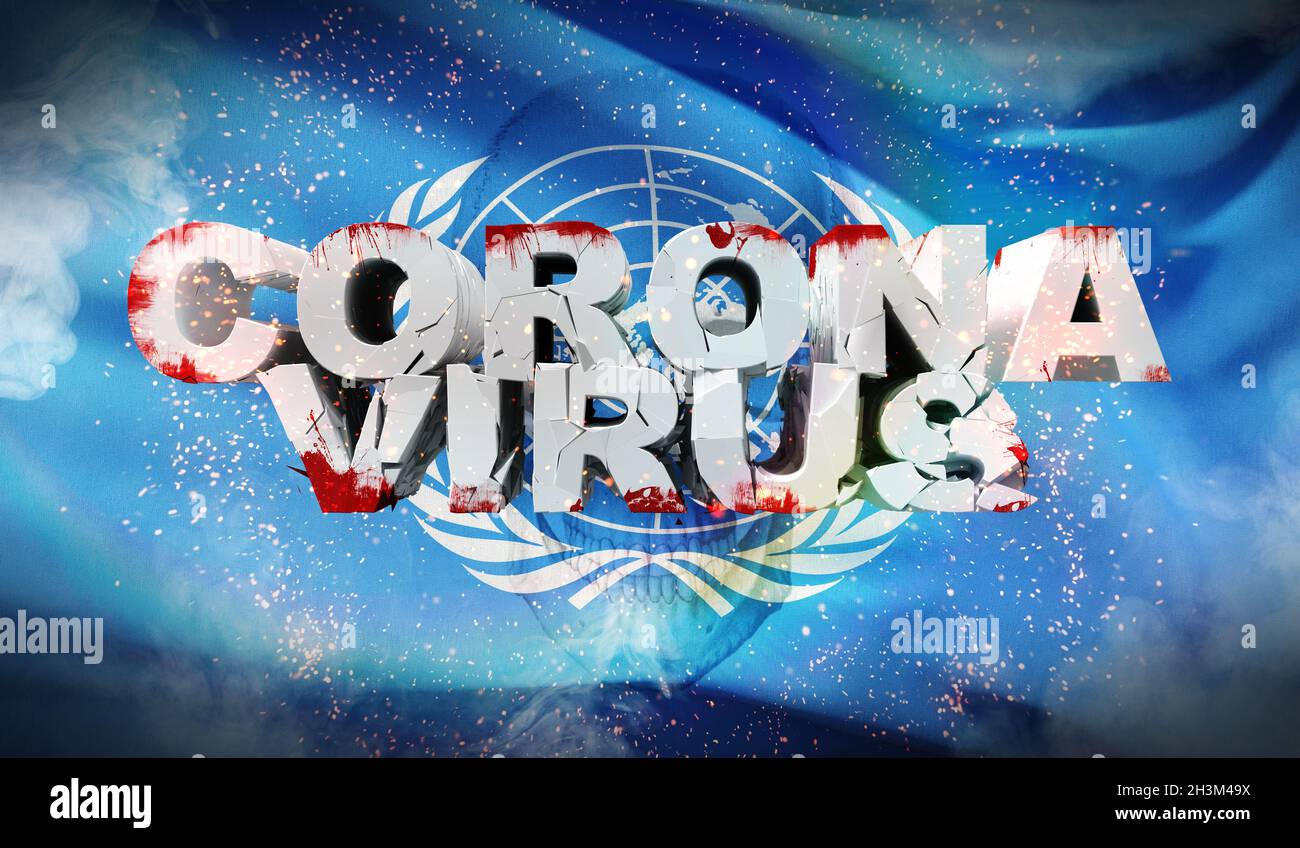Coronavirus outbreak and coronaviruses influenza 2019-ncov on waved flag of the United Nations. Waved highly detailed close-up 3 Stock Photo