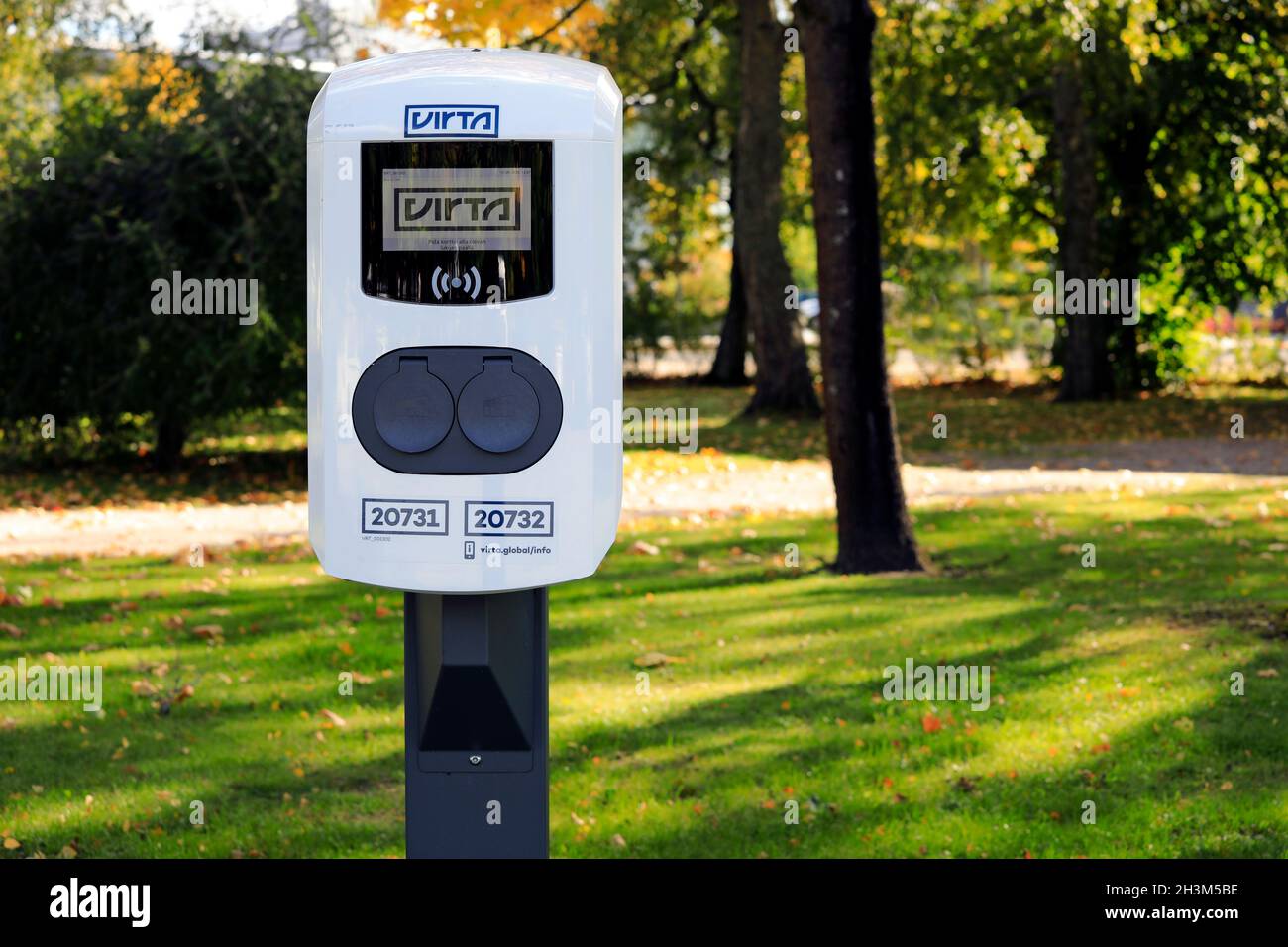 Virta Ltd ev charging point. Virta’s charging network is one of the widest in Europe, working in over 25 countries. Salo, Finland. September 19, 2020. Stock Photo