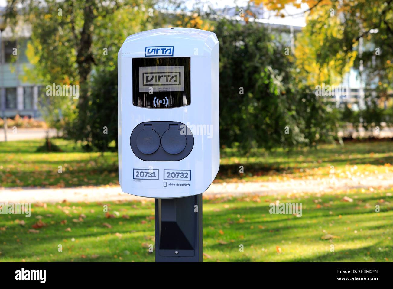 Virta Ltd charging point. Virta’s charging network is one of the widest in Europe, working in over 25 countries. Salo, Finland. September 19, 2020. Stock Photo
