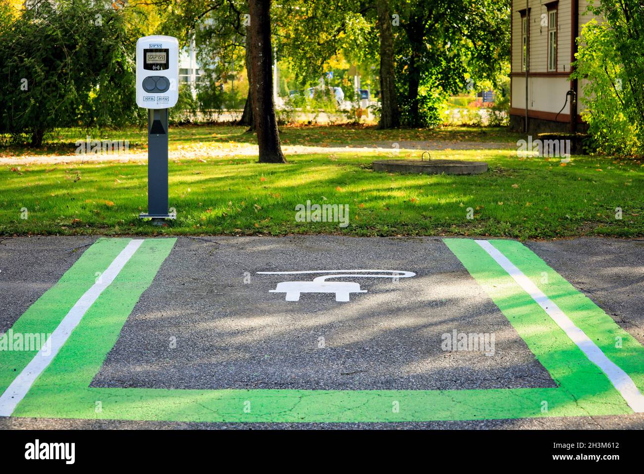 Virta Ltd ev charging point. Virta’s charging network is one of the widest in Europe, working in over 25 countries. Salo, Finland. September 19, 2020. Stock Photo