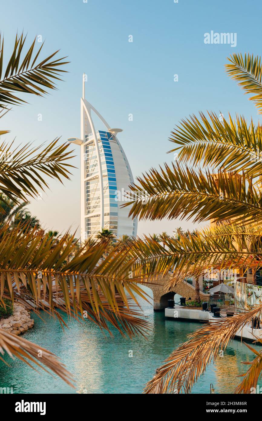 The view of the Burj Al Arab hotel from the Souk Madinat, Dubai, Uae Stock Photo